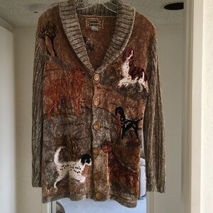 SWEATER SWEATER/BROWN”DOG”PRINT COWL NECK CARDIGAN/NEW